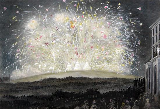 19th century English School Primrose Hill on the night of the peace rejoicings after Crimean War - The Firework Display, 6.25 x 9.5in.